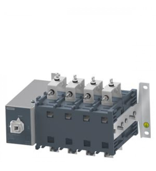 3KJ0132-4AA20-0AA0 - SINOVA, onload changeover switches 3KJ0, manually operated, size 3, 4-pole, in open execution, Iu 630 A, Ue AC 415 V, Ie at AC-23 A at 415 V 630 A, screw mounting, front operating mechanism, at the left end, complete unit with door operating mechanism, Plastic handle, grey and black colour, flat terminal - siemens