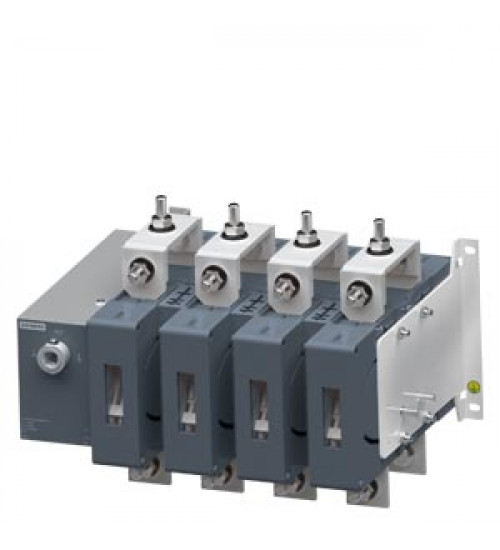 3KJ0348-4AA20-0AA0 - SINOVA, onload changeover switches 3KJ0, manually operated, size 3, 4-pole, in open execution, Iu 630 A, Ue AC 415 V, Ie at AC-23 A at 415 V 630 A, screw mounting, front operating mechanism, at the left end, complete unit with door operating mechanism, Plastic handle, grey and black colour, flat terminal - siemens