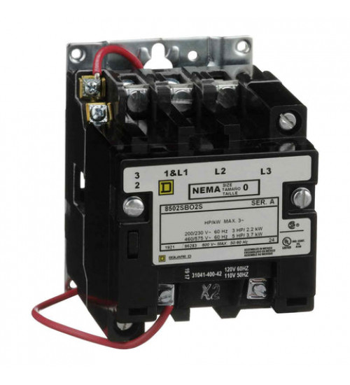 8502SBO2V02S - NEMA Contactor, Type S, nonreversing, Size 0, 18A, 5HP at 575VAC, 3 phase, up to 100kA, 3 pole, 120VAC coil, open [TAA] - Schneider Electric