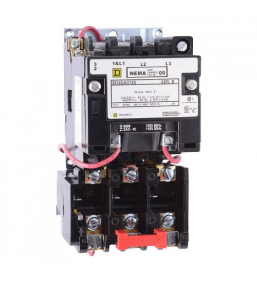 8536SAO12V02S - NEMA motor starter, Type S, nonreversing, Size 00, 9A, 2HP at 460VAC, 5kA SCCR, 3 phase, 3 pole, melting alloy, 120VAC coil, open | Schneider Electric