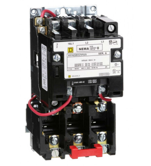 8536SBO2V02S - NEMA motor starter, Type S, nonreversing, Size 0, 18A, 5HP at 460VAC, 5kA SCCR, 3 phase, 3 pole, melting alloy, 120VAC coil, open | Schneider Electric