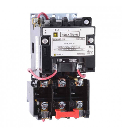 8536SBO2V06 - NEMA motor starter, Type S, nonreversing, Size 0, 18A, 5HP at 460VAC, 5kA SCCR, 3 phase, 3 pole, melting alloy, 480VAC coil, open | Schneider Electric