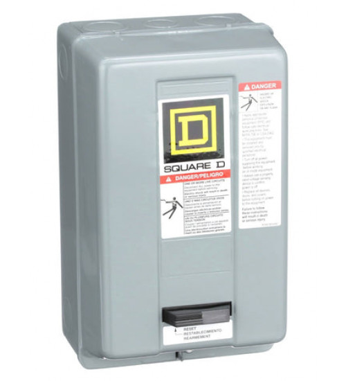 8536SCG3V03 - NEMA motor starter, Type S, nonreversing, Size 1, 27A, 10HP at 460VAC, 5kA SCCR, 3 phase, 3 pole, melting alloy, 240VAC coil, NEMA 1 | Schneider Electric