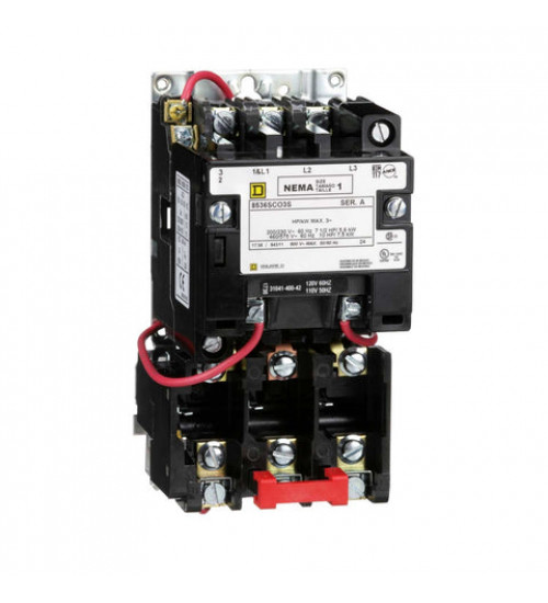 8536SCO3V02S - NEMA motor starter, Type S, nonreversing, Size 1, 27A, 10HP at 460VAC, 5kA SCCR, 3 phase, 3 pole, melting alloy, 120VAC coil, open | Schneider Electric