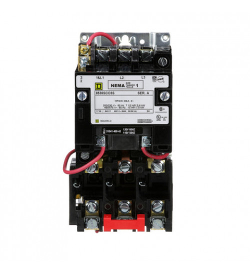 8536SCO3V03 - NEMA motor starter, Type S, nonreversing, Size 1, 27A, 10HP at 460VAC, 5kA SCCR, 3 phase, 3 pole, melting alloy, 240VAC coil, open | Schneider Electric