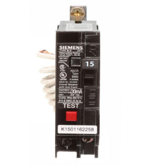 BE115H 15 Amp 1 Pole 120 Volt Bolt - On Molded Case Circuit Breaker Siemens, BL Series, type BLEH, complete with equipment protection device and GFI ground fault protection, 1P, 1PH, 15A, 120V, 22kA@120V, 40Ã‚Â°C, bolt - on, panelboard mounted, LI - Long - Time and Instantaneous trip functions ... - Siemens
