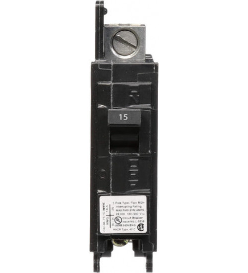 BQ1B015H Bolt - On Molded Case Circuit Breaker Siemens BQ series single pole 15 ampere bolt - on molded case circuit breaker with maximum voltage rating of 240V at 60Hz tripping method thermal magnetic and hig interrupting rating of 22 kiloampere at 120V complete with non - interchangeable ... - Siemens