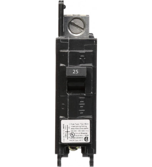 BQ1B025H Bolt - On Molded Case Circuit Breaker Siemens BQ series single pole 25 ampere bolt - on molded case circuit breaker with maximum voltage rating of 240V at 60Hz tripping method thermal magnetic and hig interrupting rating of 22 kiloampere at 120V complete with non - interchangeable ... - Siemens