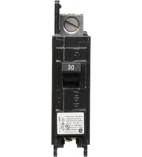 BQ1B030H Bolt - On Molded Case Circuit Breaker Siemens BQ series single pole 30 ampere bolt - on molded case circuit breaker with maximum voltage rating of 240V at 60Hz tripping method thermal magnetic and hig interrupting rating of 22 kiloampere at 120V complete with non - interchangeable ... - Siemens