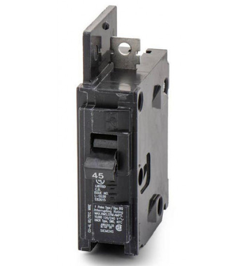 BQ1B045 45 Amp 1 Pole 120 Volt Bolt - On Molded Case Circuit Breaker Siemens, BQ Series, type BQ, 1P, 1PH, 45A, 120V, 10kA@120V, standard interrupting capacity, bolt - on, complete with non - interchangeable trip, LI - Long - Time and Instantaneous trip functions and load side lug terminals, ... - Siemens