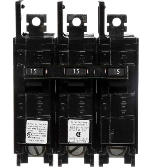 BQ3B015H Bolt - On Molded Case Circuit Breaker Siemens / ITE Bolt - On Circuit Breaker Its Compact And Easy to Install three poles molded case circuit breaker features a thermal magnetic over current protection system it has an interrupting rating of 22 kilo - Amps the circuit breaker is ... - Siemens