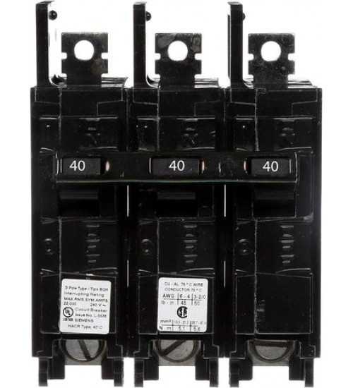 BQ3B040H Bolt - On Molded Case Circuit Breaker Siemens / ITE Bolt - On Circuit Breaker Its Compact And Easy to Install three poles molded case circuit breaker features a thermal magnetic over current protection system it has an interrupting rating of 22 kilo - Amps the circuit breaker is ... - Siemens
