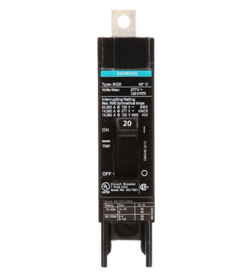 BQD120 Bolt - On Molded Case Circuit Breaker Siemens sentron series bolt - on single pole 20 ampere circuit breaker with maximum voltage rating of 277v and standard interrupting capacity long - time and instantaneous trip functions. Specifications: Product Lifecycle (PLM): PM300:Active ... - Siemens