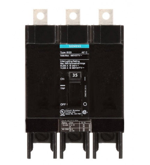 BQD335 Bolt - On Molded Case Circuit Breaker Siemens 3 - pole 35 ampere bolt - on molded case circuit breaker with maximum voltage rating of 480v and standard interrupting rating of 65 kiloampere at 240Vac long - time and instantaneous trip functions. Specifications: Product Lifecycle (PLM): ... - Siemens