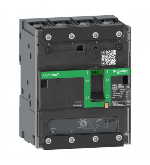 C11B6TM100B - Circuit breaker, ComPacT NSXm 160B, 25kA/415VAC, 4 poles 3D (neutral not protected), TMD trip unit 100A, lugs/busbars - Schneider Electric
