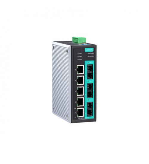 Moxa EDS-408A-1M2S-SC-T, Entry-level managed Ethernet switch with 5 10/100BaseT(X) ports, 1 100BaseFX multi-mode port, 2 100BaseFX single-mode ports with SC connectors, -40 to 75°C operating temperature, Electrihub, Electrical store, Electrical supply store