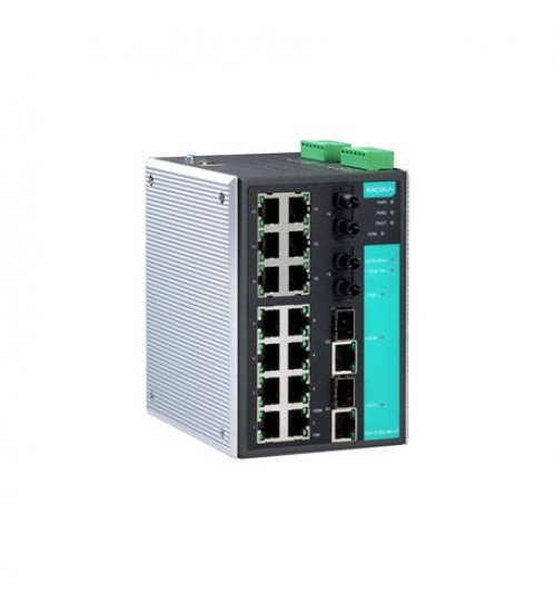 Moxa EDS-518A-MM-ST, Managed Gigabit Ethernet switch with 14 10/100BaseT(X) ports, 2 100BaseFX multi-mode ports with ST connectors, 2 combo 10/100/1000BaseT(X) or 1000BaseSFP slots for adding SFP-1G Series Gigabit Ethernet modules, 0 to 60°C operating temperature, Electrihub, Electrical store, Electrical supply store