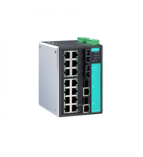 Moxa EDS-518A-SS-SC-T, Managed Gigabit Ethernet switch with 14 10/100BaseT(X) ports, 2 100BaseFX single-mode ports with SC connectors, 2 combo 10/100/1000BaseT(X) or 1000BaseSFP slots for adding SFP-1G Series Gigabit Ethernet modules, -40 to 75°C operating temperature, Electrihub, Electrical store, Electrical supply store