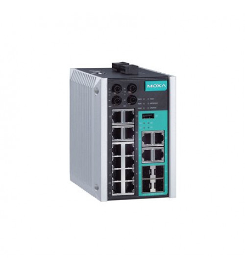 Moxa EDS-518E-MM-ST-4GTXSFP, Managed Gigabit Ethernet switch with 12 10/100BaseT(X) ports, 4 10/100/1000BaseT(X) or 100/1000BaseSFP ports, 2 100BaseFX multi-mode ports with ST connectors, -10 to 60°C operating temperature, Electrihub, Electrical store, Electrical supply store