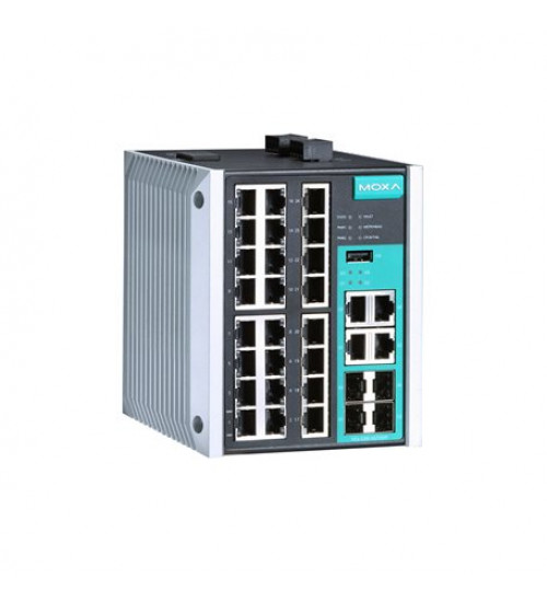 Moxa EDS-528E-4GTXSFP-LV, Managed Gigabit Ethernet switch with 24 10/100BaseT(X) ports, 4 10/100/1000BaseT(X) or 100/1000BaseSFP ports, dual 12/24/48/-48 VDC power inputs, -10 to 60°C operating temperature, Electrihub, Electrical store, Electrical supply store