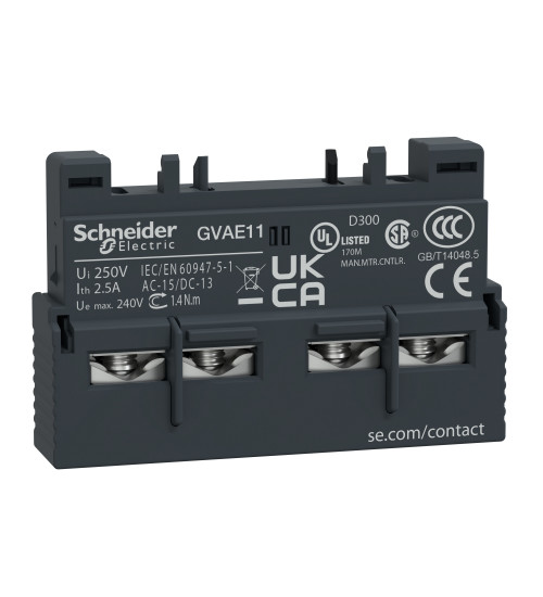 GVAE11 - TeSys Deca Manual Starter and Protector, auxiliary contact block, 1 NO and 1 NC, top mount, screw clamp - Schneider Electric