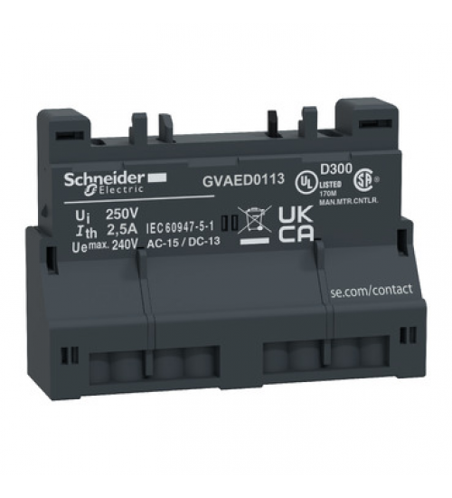 GVAED0113 - Add-on contact block,TeSys Deca Frame 2/3,1NC+1NO(fault),front,spring terminal,for GV2/GV3(except GV3ME) - Schneider Electric - Electrihub GVAED0113 - Add-on contact block,TeSys Deca Frame 2/3,1NC+1NO(fault),front,spring terminal,for GV2/GV3(except GV3ME) - Schneider Electric - Electrihub