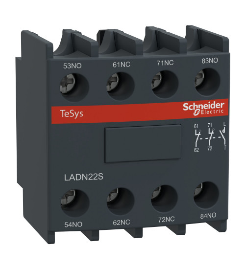 Schneider Electric LADN22S - Auxiliary contact block, TeSys D, 2NO + 2NC, front mounting, screw-clamps terminals, red front face