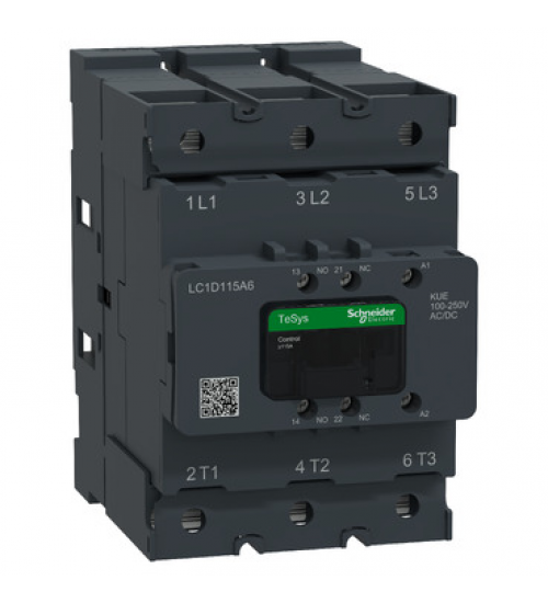 LC1D115A6KUE - Contactor, Tesys Deca Advanced, 3P(3NO), AC-3/AC-3e, <=440V, 115A, 100-250V AC/DC coil,lugs-ring or bars - Schneider Electric