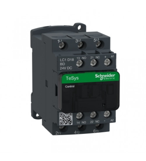LC1D18BD - Contactor, TeSys Deca, nonreversing, 18A, 10HP at 480VAC, up to 100kA SCCR, 3 phase, 3 NO, 24VDC coil, open - Schneider Electric