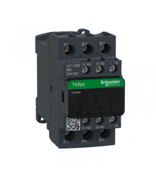 LC1D32BD - IEC contactor, TeSys Deca, nonreversing, 32A, 20HP at 480VAC, up to 100kA SCCR, 3 phase, 3 NO, 24VDC coil, open style - Schneider Electric