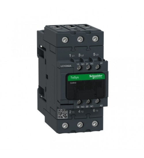 LC1D50AM7 - Contactor, TeSys Deca, nonreversing, 50A, 40HP at 480VAC, up to 100kA SCCR, 3 phase, 3 NO, 220VAC 50/60Hz coil, open - Schneider Electric