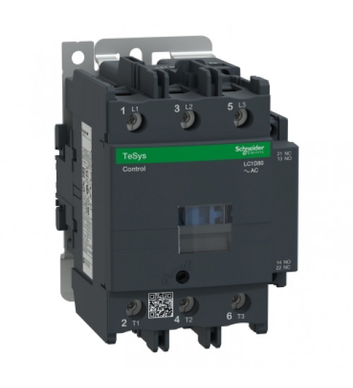 LC1D80M7 - Contactor, TeSys Deca, nonreversing, 80A, 60HP at 480VAC, up to 100kA SCCR, 3 phase, 3 NO, 220VAC 50/60Hz coil, open - Schneider Electric