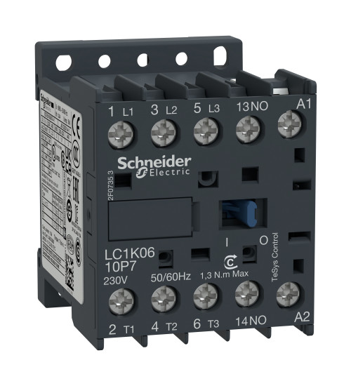 Schneider Electric LC1K0610F7 Contactor, TeSys K, 3P, AC-3, lt or eq to 440V 6A, 1 NO aux., 110VAC coil