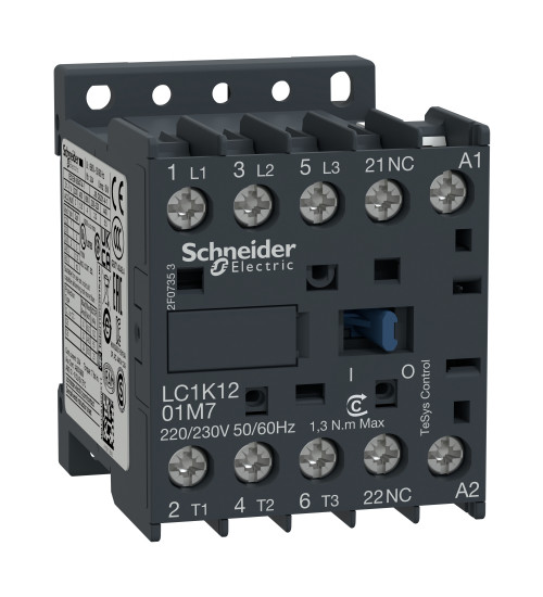 Schneider Electric LC1K1201M7 - TeSys K contactor - 3P - AC-3 440 V 12 A - 1 NC aux. - 220...230 V AC coil