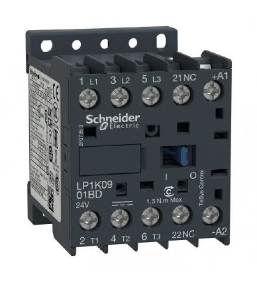 Schneider Electric LP1K0901BD - TeSys K contactor - 3P - AC-3 440 V 9 A - 1 NC aux. - 24 V DC coil