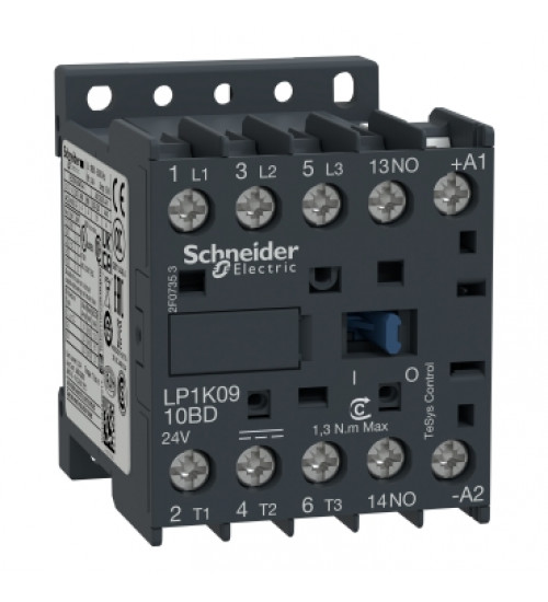 Schneider Electric LP1K0910BD - TeSys K contactor - 3P - AC-3 440 V 9 A - 1 NO aux. - 24 V DC coil