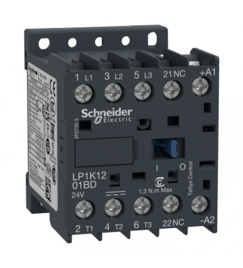 Schneider Electric LP1K1201BD - TeSys K contactor - 3P - AC-3 440 V 12 A - 1 NC aux. - 24 V DC coil
