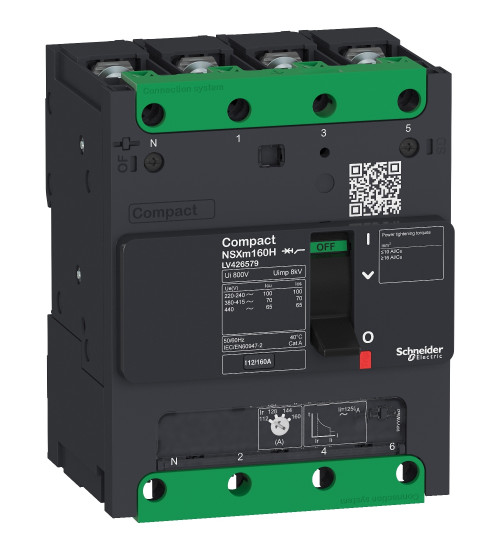Schneider Electric LV426167 - circuit breaker Compact NSXm E (16 kA at 415 VAC), 4P 3d, 100 A rating TMD trip unit, compression lugs and busbar connectors