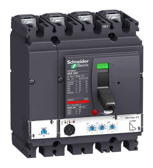 Schneider Electric LV429780 - circuit breaker Compact NSX100F, 36 kA at 415 VAC, Micrologic 2.2 trip unit 100 A, 4 poles 4d