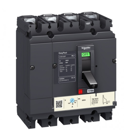 Schneider Electric LV510317 - circuit breaker EasyPact CVS100B, 25 kA at 415 VAC, 100 A rating thermal magnetic TM-D trip unit, 4P 3d