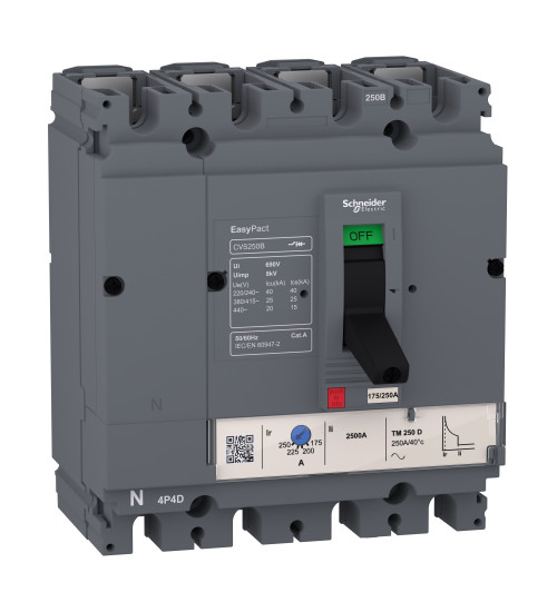 Schneider Electric LV525311 - circuit breaker EasyPact CVS250B, 25 kA at 415 VAC, 160 A rating thermal magnetic TM-D trip unit, 4P 3d