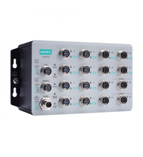 Moxa TN-4916-ETBN-F-8POE-4GPOE-4GTXBP-WV-CT-T, IEC 61375 ETBN industrial secure firewall routerwith 8 Fast Ethernet PoE+ ports, 8 Gigabit Ethernet ports including 4 Gigabit Ethernet PoE+ ports, 4 Gigabit Ethernet ports with bypass relay, total 95 W power budget for PoE+, 24 to 110 VDC power input, IP40, -40 to 70°C operating temperature, conformal coating, Electrihub, Electrical store, Electrical supply store