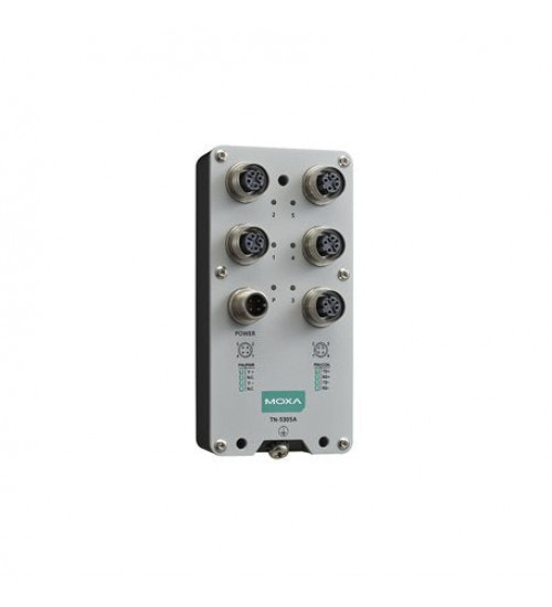 TN-5305A-WV-CT-T, TN-5305A-WV-CT-T Moxa, EN 50155 unmanaged Ethernet switch with 5 10/100BaseT(X) ports, M12 connector, single power input, 24 to 110 VDC, -40 to 70°C operating temperature, conformal coating