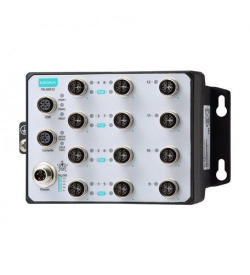TN-G6512-8GPOE-WV-T, TN-G6512-8GPOE-WV-T Moxa, Layer 2 Managed Ethernet switch, 8 10/100/1000BaseT(X) ports with 802.3at PoE+ and 4 10/100/1000BaseT(X) M12 connectors, 24 to 110 VDC power input, -40 to 70°C operating temperature TN-G6512-8GPOE-WV-T, TN-G6512-8GPOE-WV-T Moxa, Layer 2 Managed Ethernet switch, 8 10/100/1000BaseT(X) ports with 802.3at PoE+ and 4 10/100/1000BaseT(X) M12 connectors, 24 to 110 VDC power input, -40 to 70°C operating temperature
