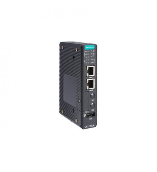 UC-1222A, Arm® Cortex®-A53 dual-core 64-bit 1-GHz industrial computer with 2 Ethernet ports, 2 RS-232/422/485 serial ports, 1 USB 2.0 port, 1 mPCIe expansion slot, 12 to 24 VDC, TPM v2.0 module, Moxa Industrial Linux (Debian 11, kernel 5.10), -40 to 60°C operating temperature