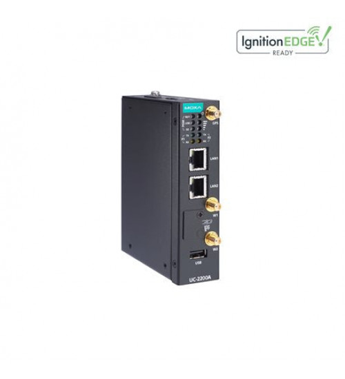 UC-2222A-T-EU, Arm® Cortex®-A53 dual-core 64-bit 1-GHz industrial computer with 2 Ethernet ports, 2 RS-232/422/485 serial ports, 1 USB 2.0 port, 1 mPCIe expansion slot with LTE Cat. 4 module for the European region preinstalled, 12 to 24 VDC, TPM v2.0 module, Moxa Industrial Linux (Debian 11, kernel 5.10), -40 to 70°C operating temperature