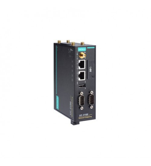UC-3111-T-EU-LX, Arm-based computer for the EU region with built-in LTE Cat. 1 and Wi-Fi a/b/g/n modules, 1 GHz processor, 1 GB RAM, 8 GB eMMC, 2 Ethernet ports, 2 serial ports, 1 USB port, 1 SD slot, -40 to 70°C operating temperature