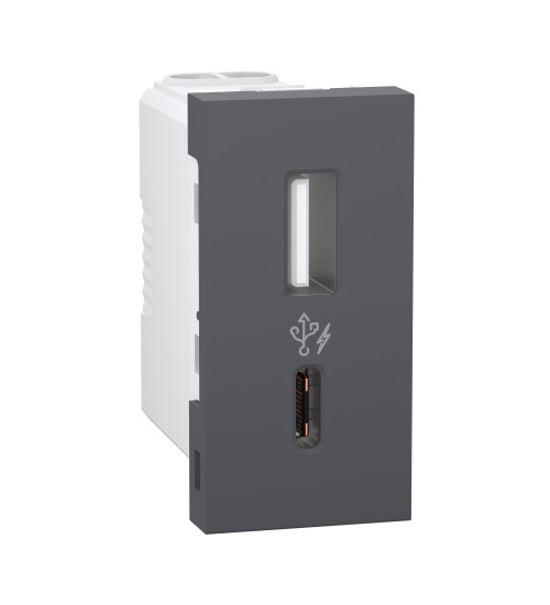 Schneider Electric UNSACUSB1P1M_GY - USB Charger, Unica Pure, A+C type, 1 module, 2.4A, 5V, grey