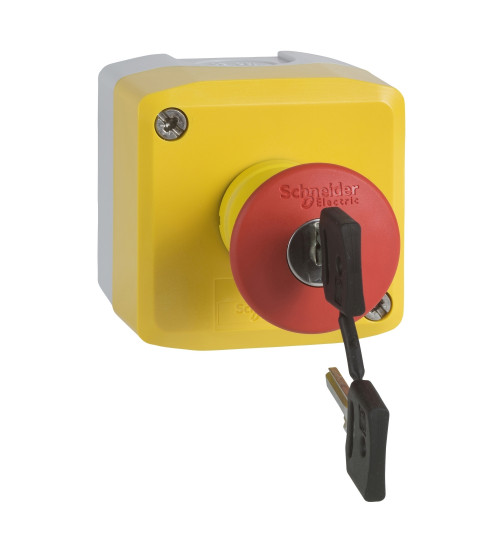 Schneider Electric XALK188G - Control station, plastic, yellow lid, 1 red mushroom push button Ã40, key release, 1 NO + 2 NC