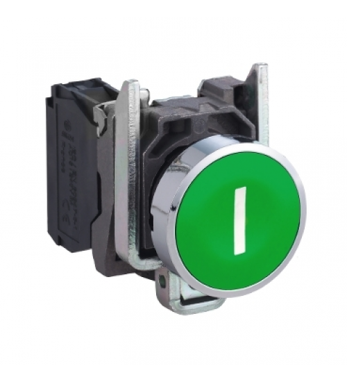 Schneider Electric XB4BA3311 - Push button, metal, flush, green, Ã22, spring return, marked I, 1NO
